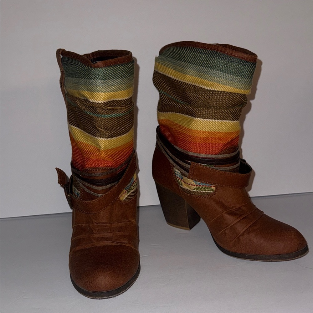 Target Mossimo Supply Co. Multicolor Southwest Textile Brown Heeled Boots Sz 7.5